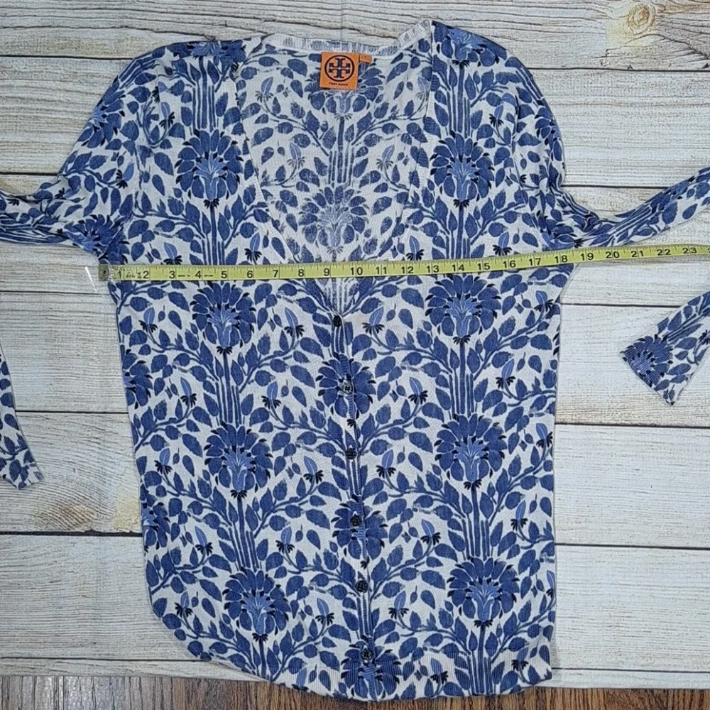 Tory Burch Blue Floral Silk V-Neck Cardigan
